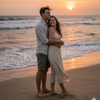 Couple embracing on the beach at sunset