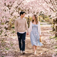 Couple walking under cherry blossoms