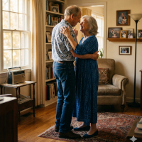 Elderly couple slow dancing at home