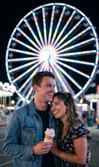 Couple at a ferris wheel at night