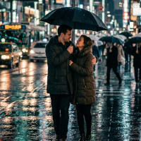 Couple sharing an umbrella on a rainy city street