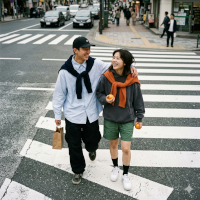 Couple walking on a street crossing