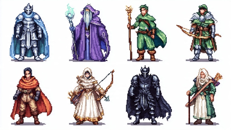 Eight 16-bit pixel art RPG character sprites arranged together showing visual consistency