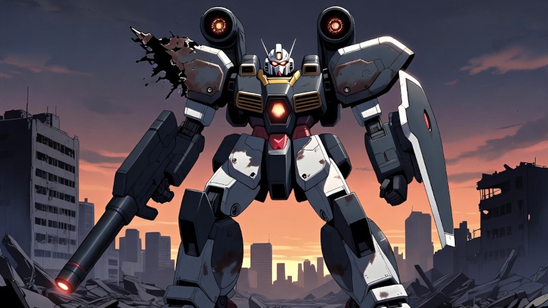 Giant humanoid robot standing in a ruined city