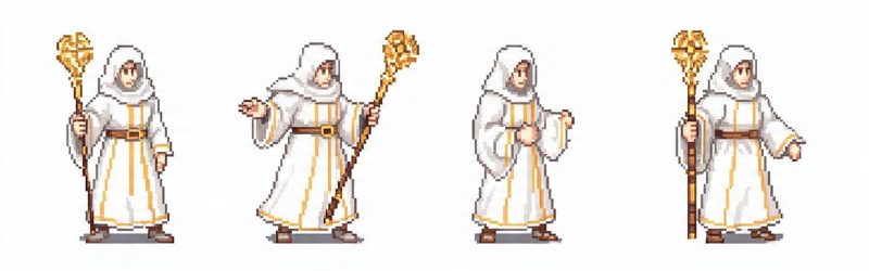 16-bit pixel art healer sprite in multiple poses