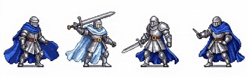 16-bit pixel art knight sprite in multiple poses