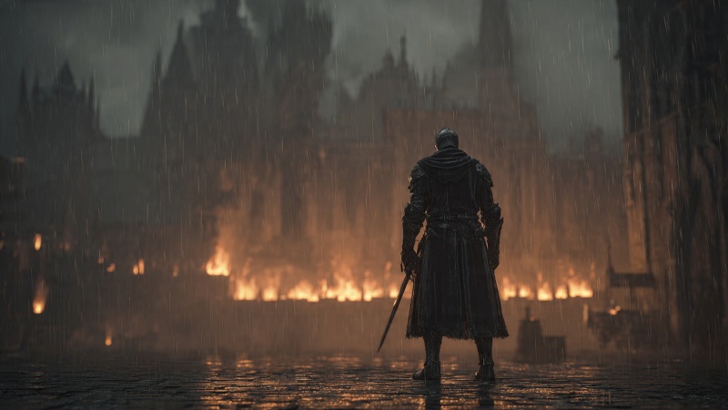 Lone warrior in dark armor standing in heavy rain