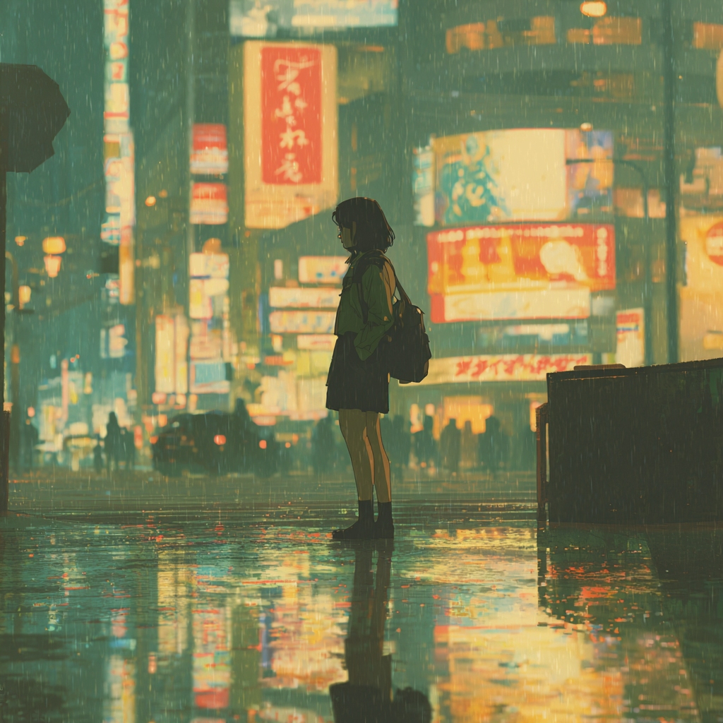 Lonely Girl Standing on a Rainy Neon Light Street