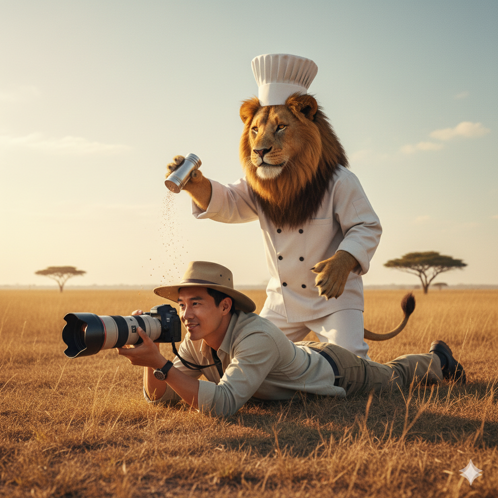 Safari photographer with Chef Lion
