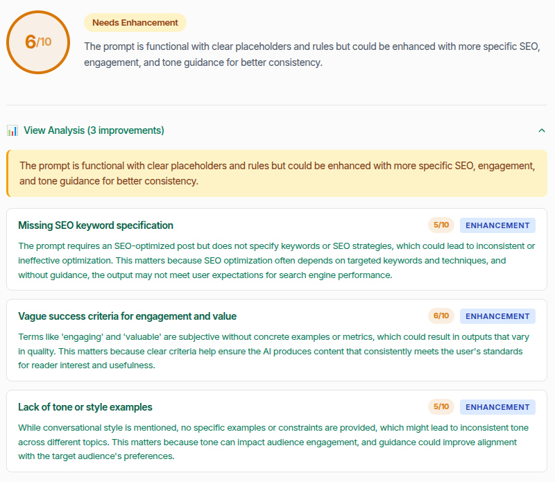 AI prompt evaluation results showing scores and feedback