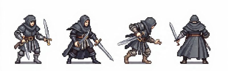 16-bit pixel art rogue sprite in multiple poses