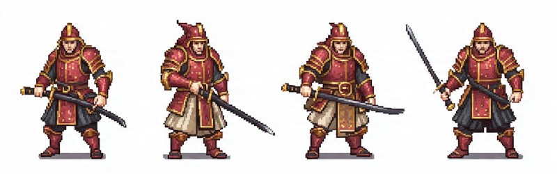 16-bit pixel art samurai sprite in multiple poses