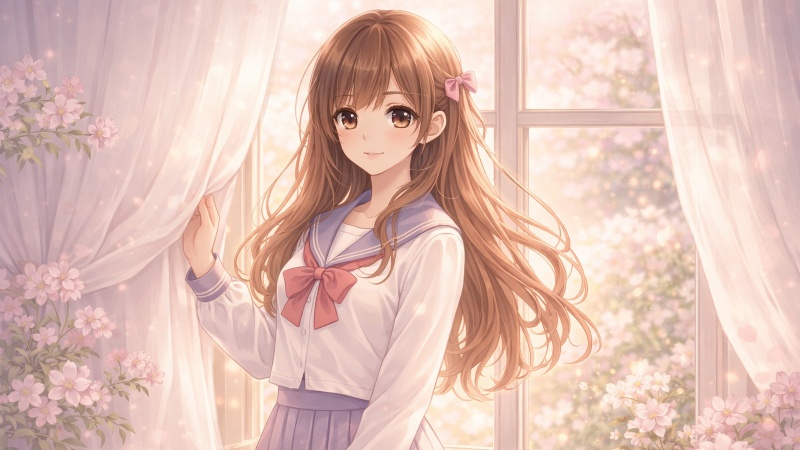 Sunlit schoolgirl by the window