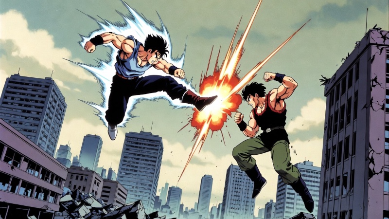 Two fighters mid-air above a destroyed cityscape