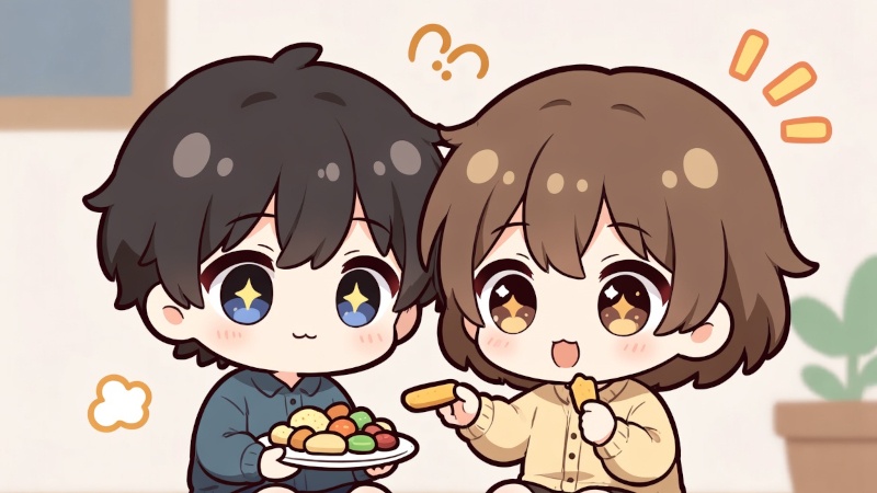 Two friends sitting together sharing snacks