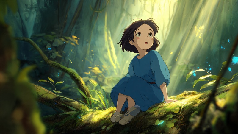 Young girl with short dark hair, blue dress, sitting on a mossy log